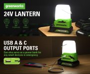 עששית קמפינג אלחוטית 500lm 24V Greenworks המשמשת גם כמטען נייד במחיר אש!