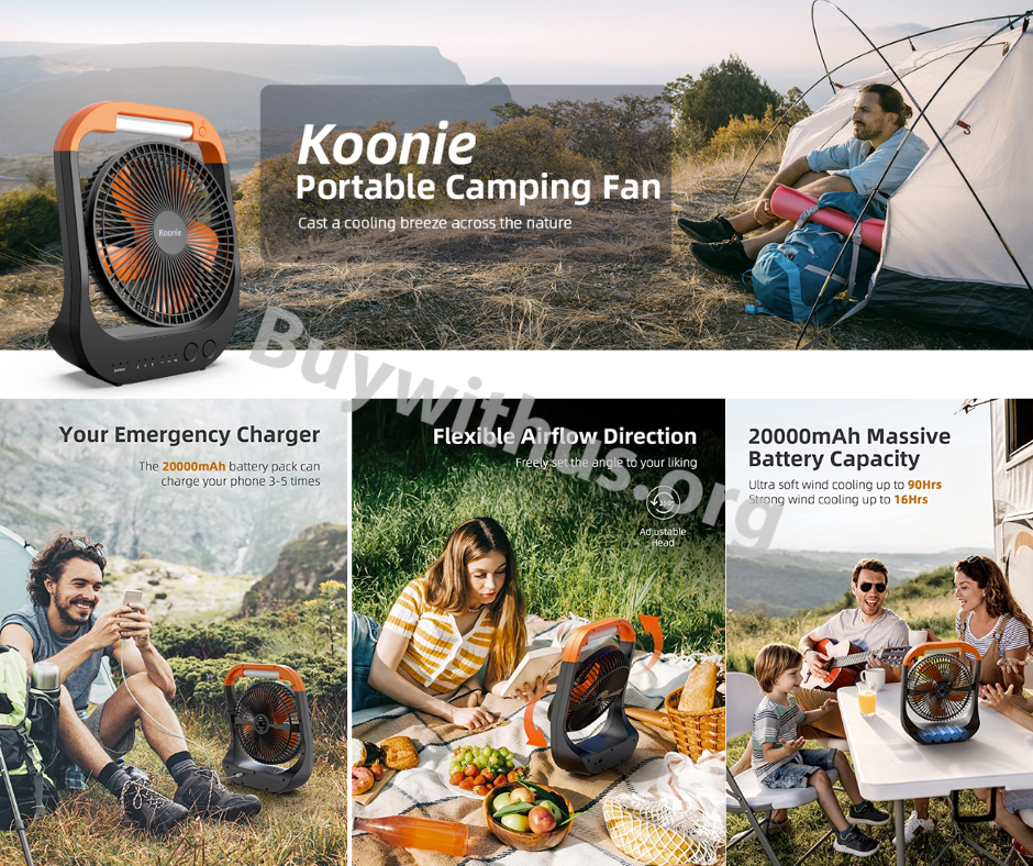 מאוורר קמפינג 8 אינץ' של Konnie משולב סוללת 20,000mAh ענקית ופנס LED מאוורר קמפינג 8 אינץ' של Konnie