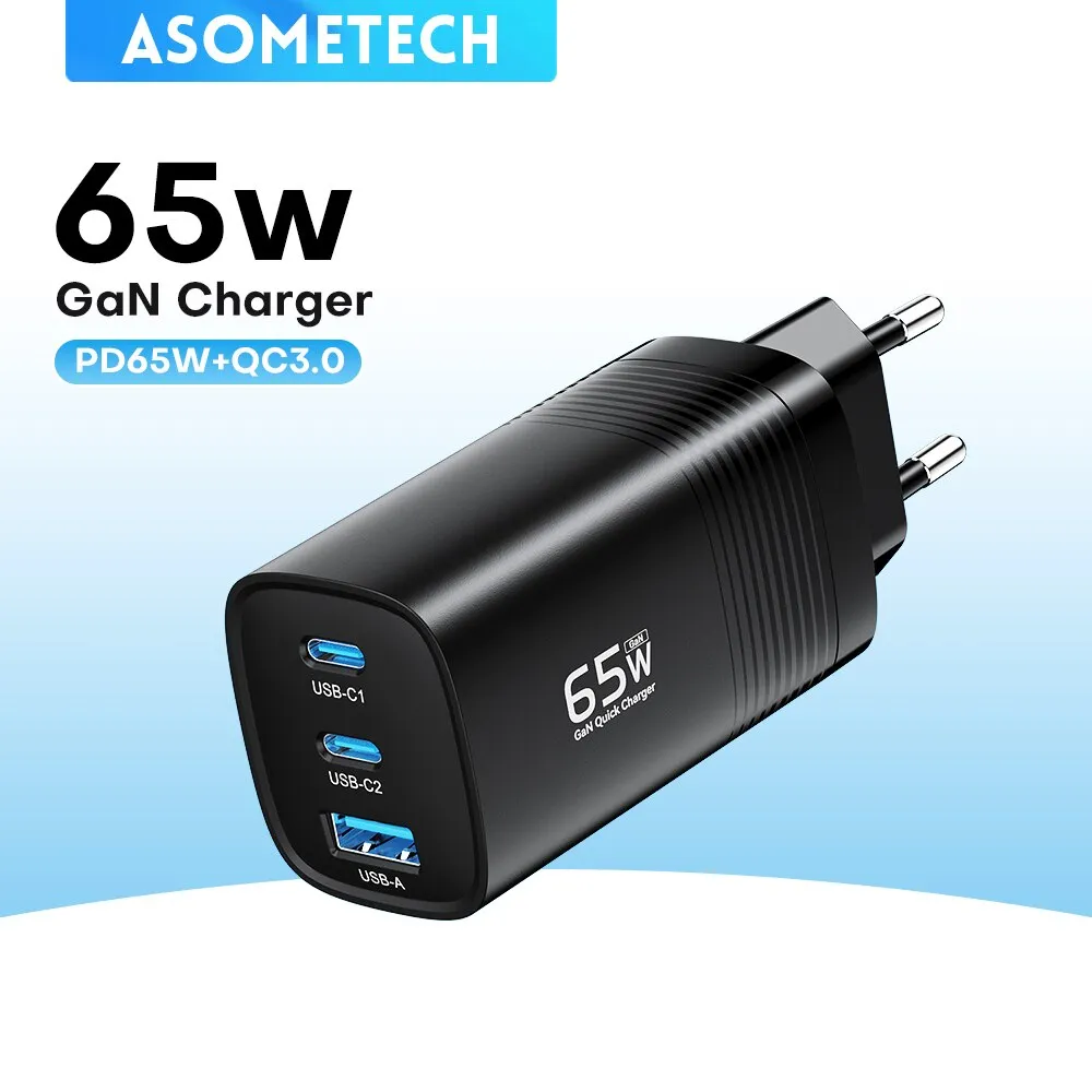מטען קיר משולש חזק + כבל משובח ASOMETECH 65W GaN במחיר פגז! ASOMETECH-GaN-USB-Type-C-Charger-65W-45W-PPS-PD-QC4-0-Quick-Charger-For-Macbook