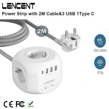 כבל מאריך 2 מטר + מפצל קוביה 4 שקעים + 4 חיבורי USB מבית Lencent במחיר טירוף!