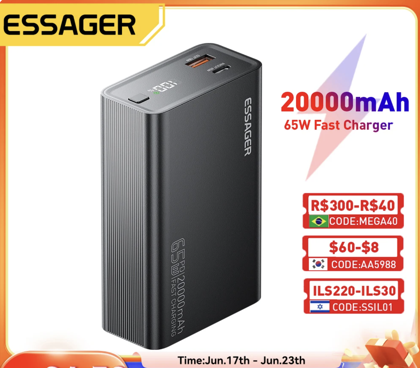 מטען נייד Essager PD 65W Power Bank בנפח של 20א’ מיליאמפר במחיר שווה! צילום מסך 2024-06-19 ב-7.57.11