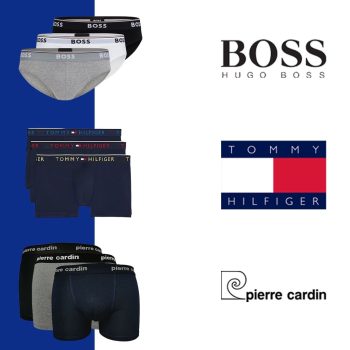 מגוון מארזי 3 תחתונים/בוקסרים לגברים Hugo Boss / Pierre Cardin / Tommy Hilfiger בסייל שווה!
