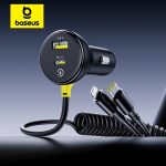 מטען לרכב מהיר Baseus עד 60W עם כבל קפיצי מובנה שני חיבורים – גם טייפ סי וגם לייטינינג לאייפון!