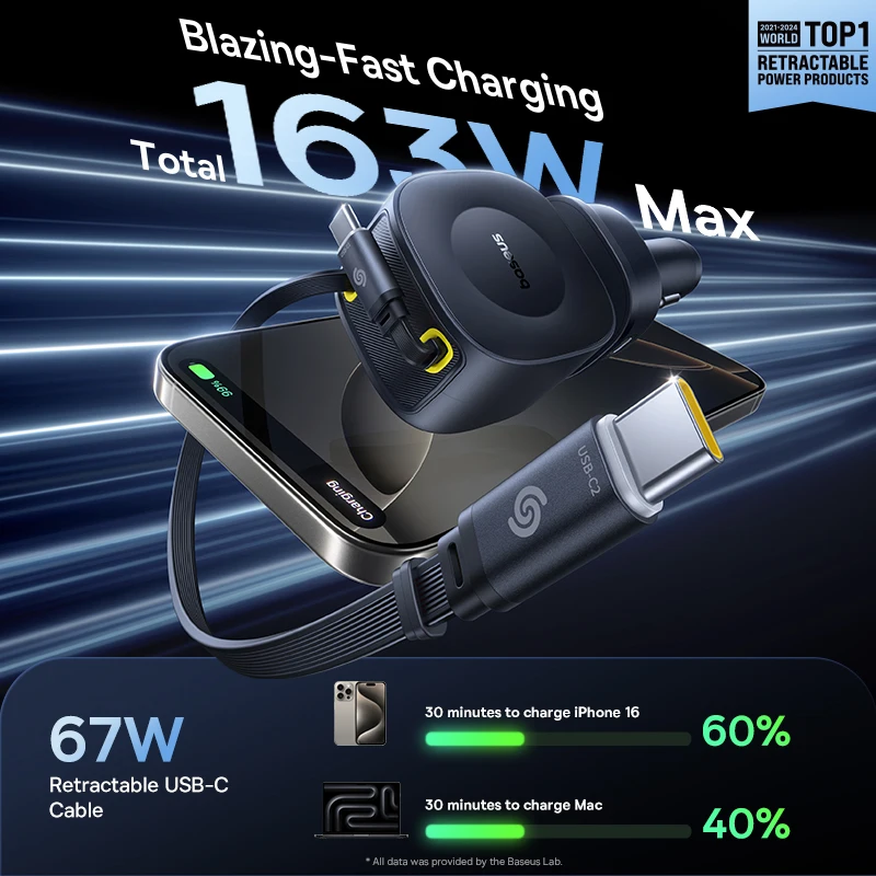 Baseus PrimeTrip VR2 Max – מטען רכב עוצמתי עם ראש מתכוונן ו2 כבלים נגללים! 