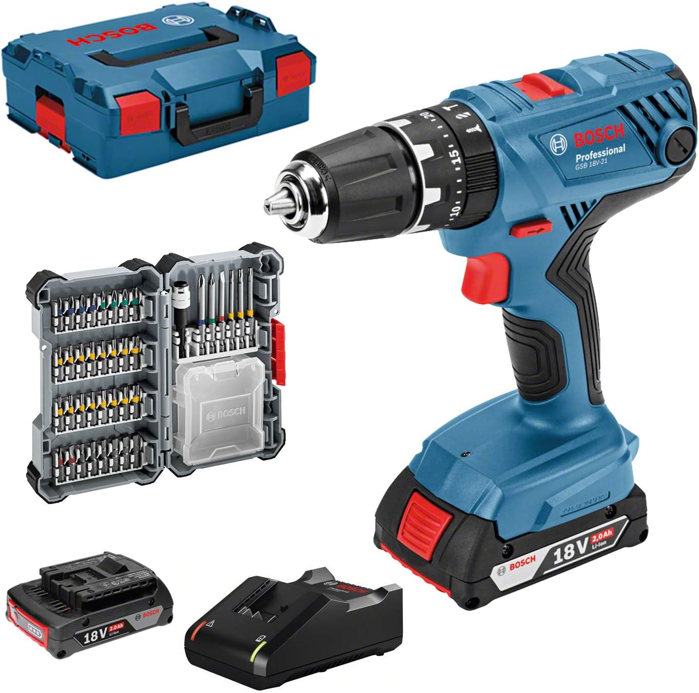 מקדחה רוטטת נטענת Bosch Professional GSB 18V-21 – סט מלא עם 2 סוללות וסט אביזרים
