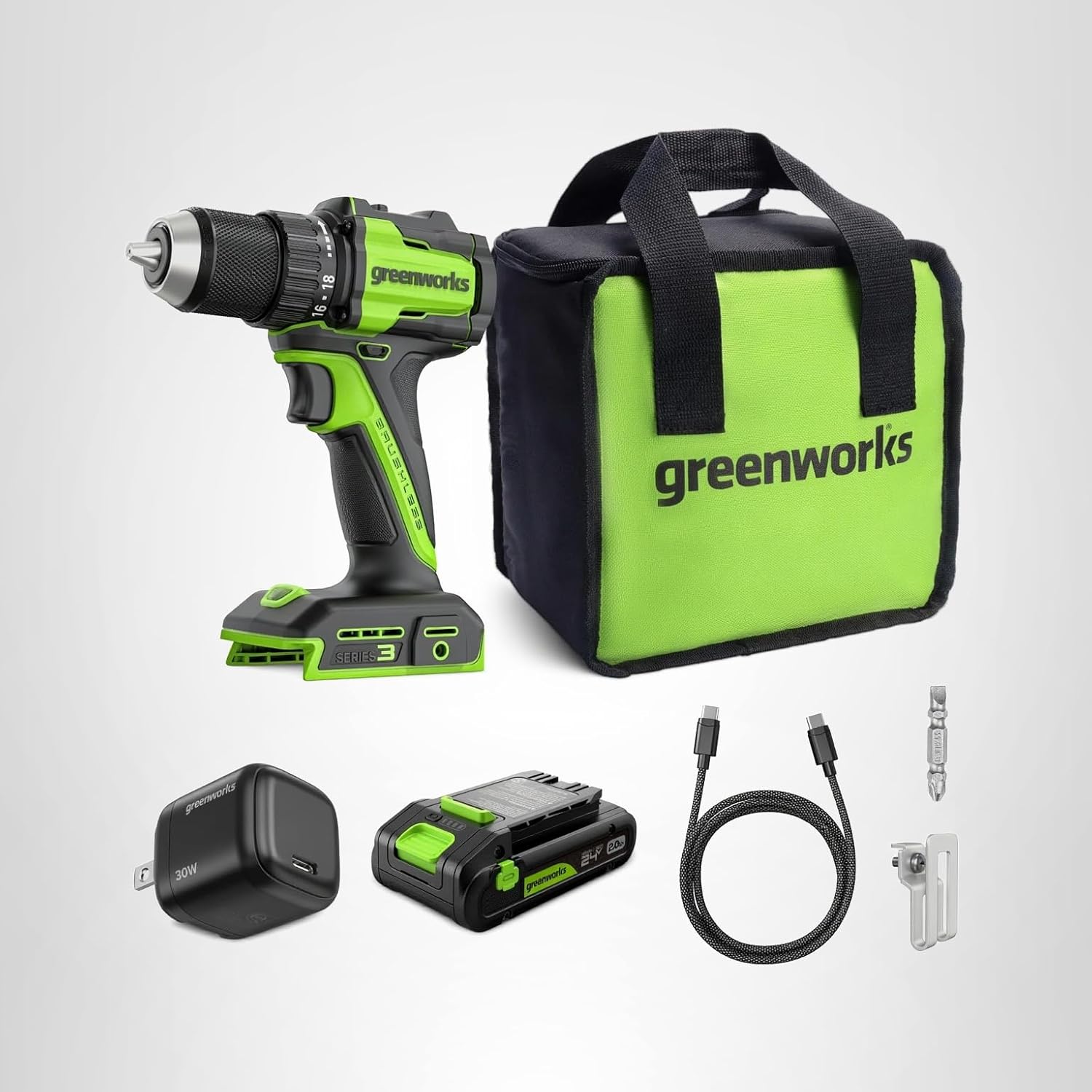 סט מקדחה/מברגה GREENWORKS 24V Brushless Drill ללא פחמים עם סוללת ליתיום בטעינת Type-C