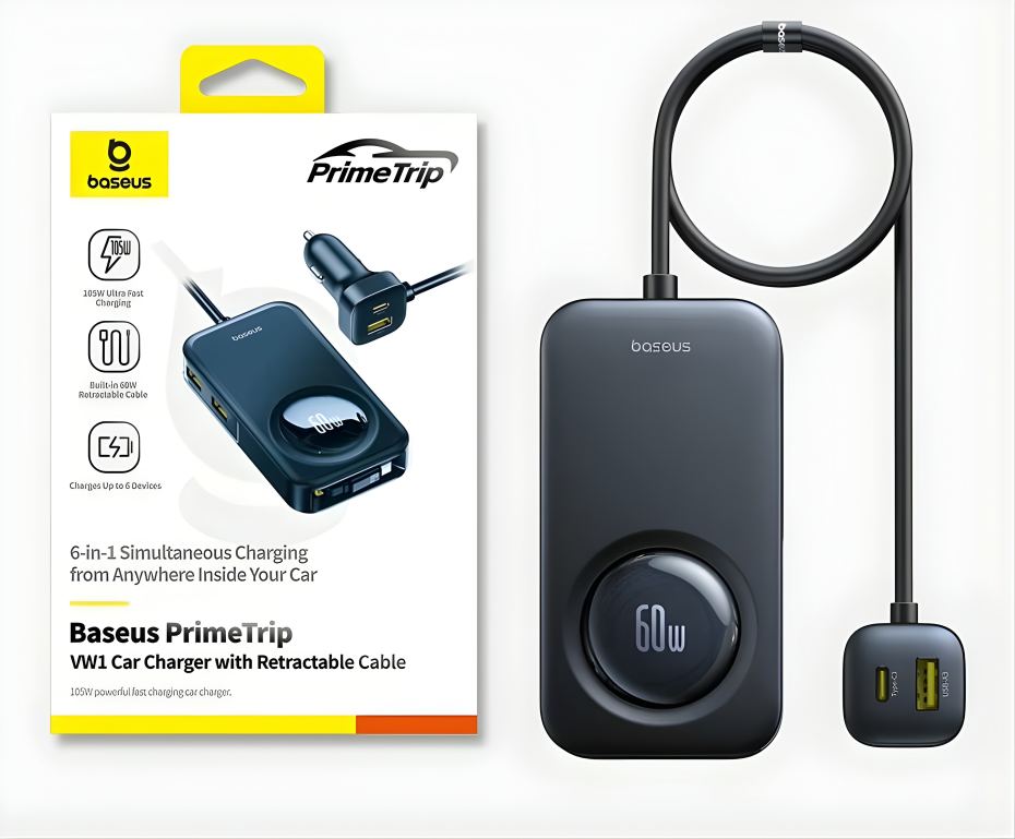 מטען רכב מטורף כולל כבל נגלל Baseus Primetrip VW1 105W לכל יושבי הרכב במחיר טעות!!