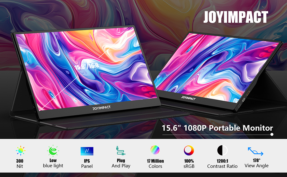 מסך נייד דק של JoyImpact מחובר למחשב נייד עם כיסוי מעמד שחור.