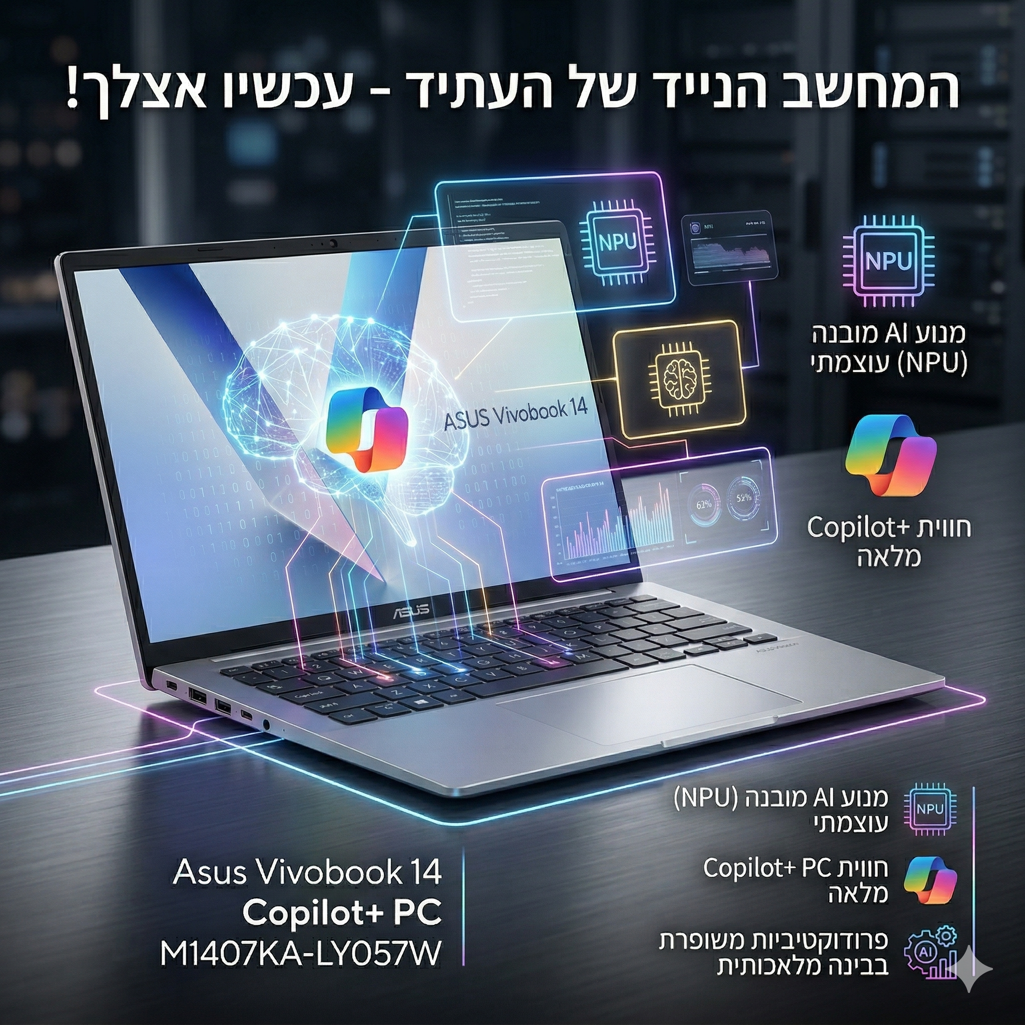 ASUS Vivobook 14 M1407KA עם אחסון 1TB וביצועי AI במבנה דק וקל ASUS Vivobook 14 M1407KA עם אחסון 1TB וביצועי AI במבנה דק וקל