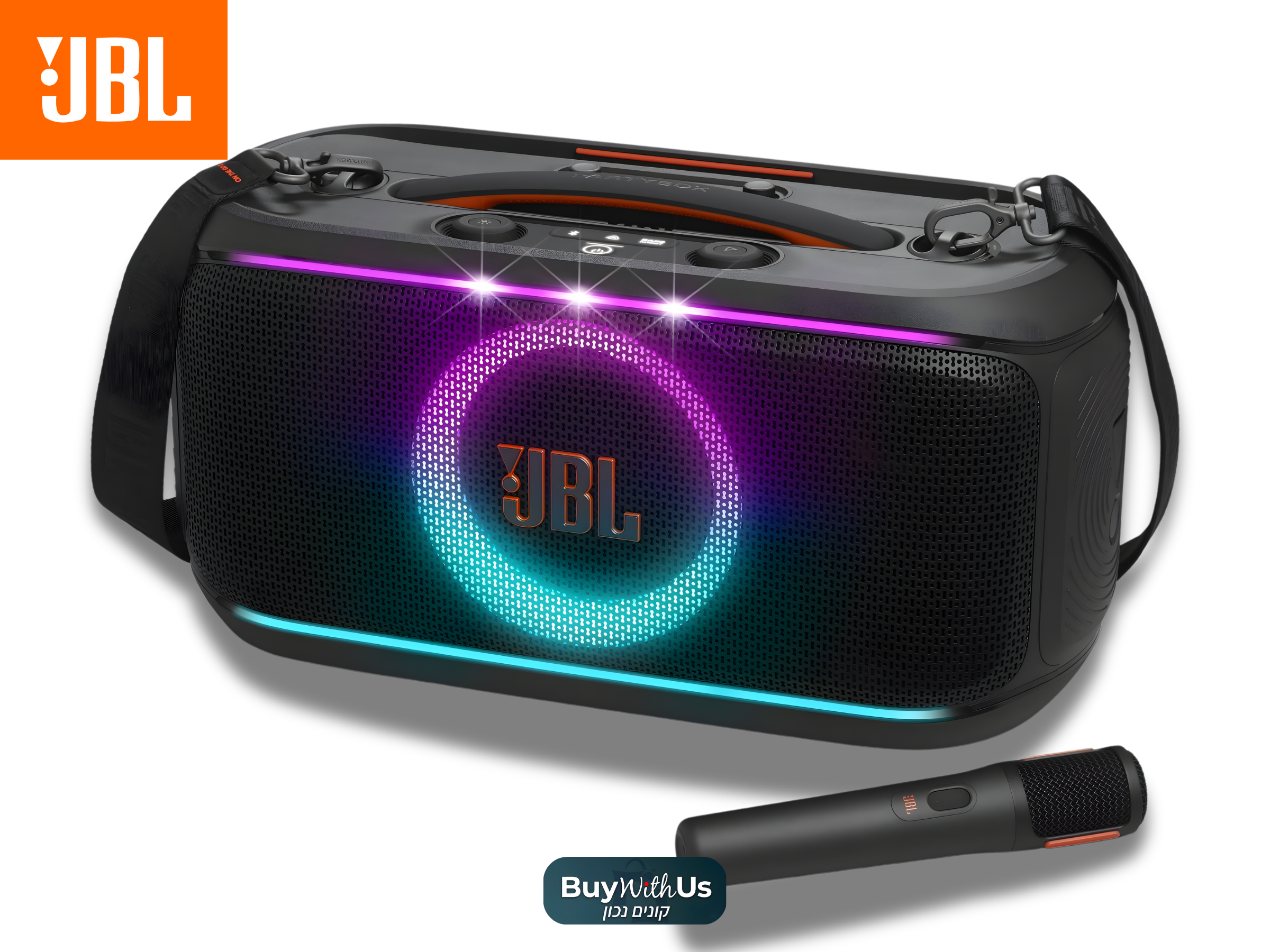 סקירה מלאה ל-JBL PartyBox On-The-Go 2. רמקול אלחוטי עוצמתי עם 15 שעות סוללה, מיקרופון אלחוטי כלול, מופע אורות ותמיכה ב-Auracast. המסיבה שלכם מתחילה כאן.
