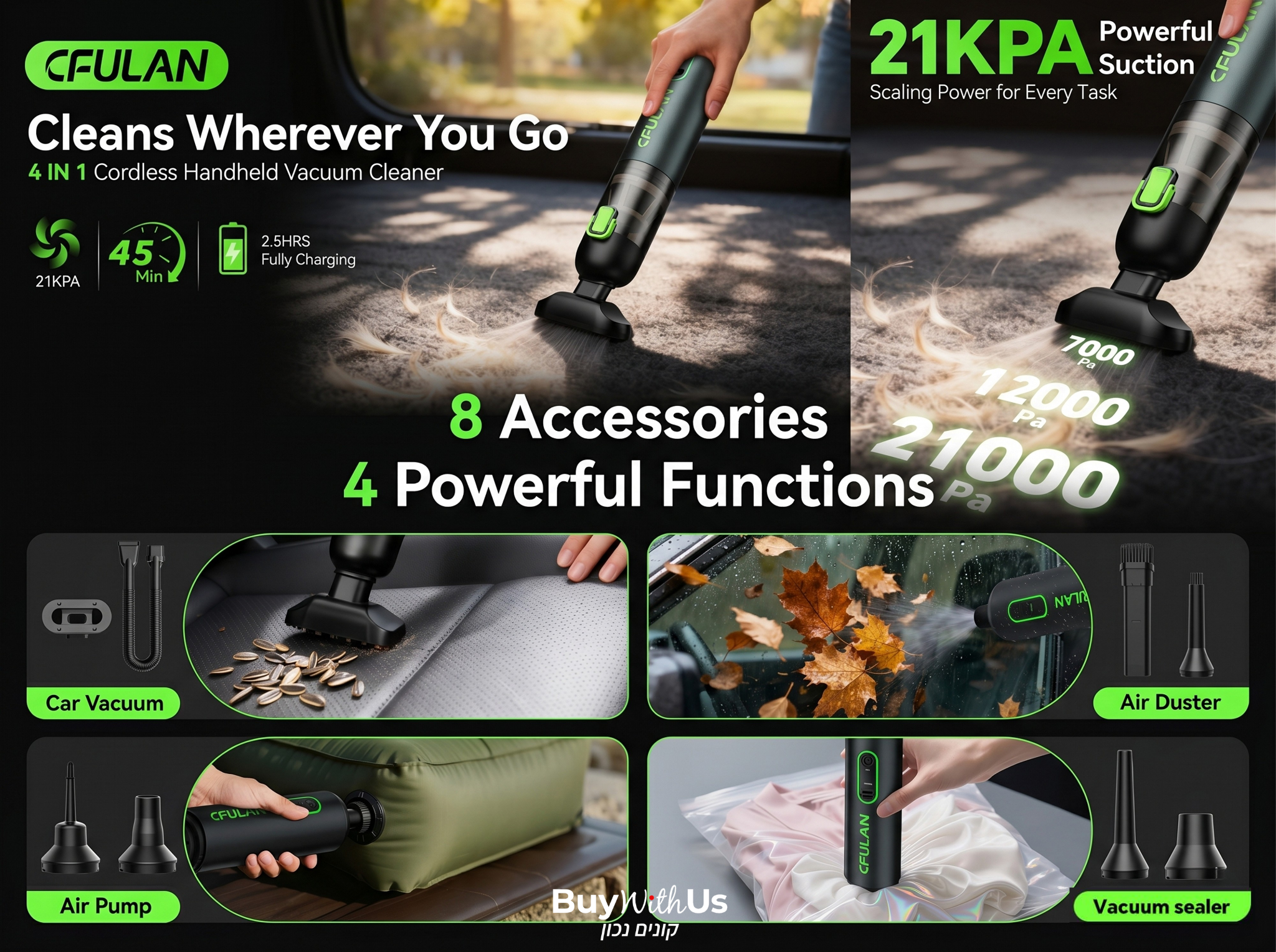 שואב אבק נטען 4-ב-1 CFULAN עם מנוע Brushless ועוצמת שאיבה 21KPa שואב אבק ידני CFULAN – עוצמה 21KPa ומנוע Brushless לבית ולרכב