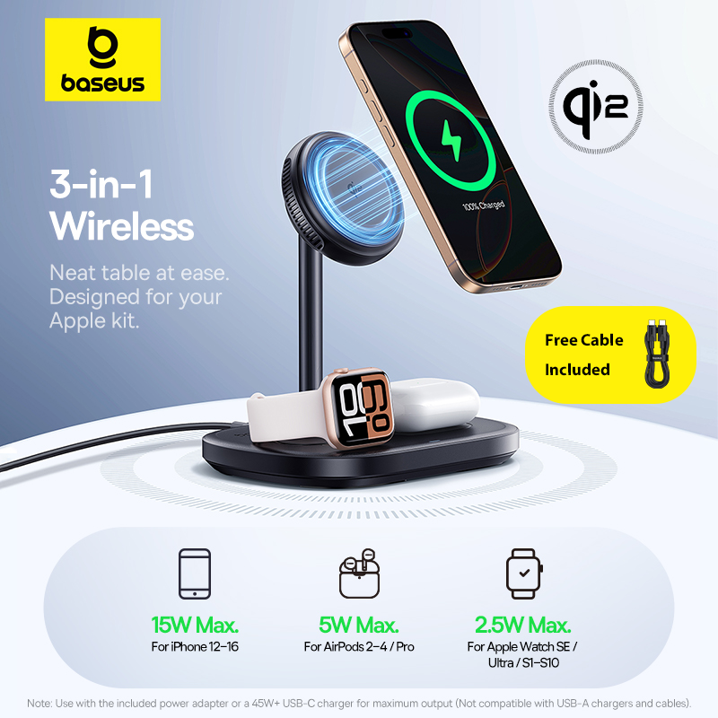 עמדת טעינה אלחוטית מגנטית Baseus 3-in-1 Wireless Charger Stand (22.5W)