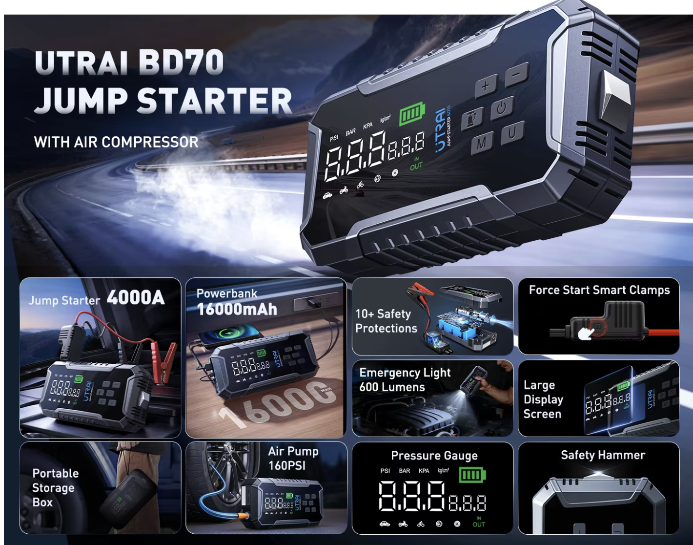 בוסטר התנעה משולב קומפרסור Utrai BD70 4000A – דגם חדש עוצמתי מתחת לרף המס!