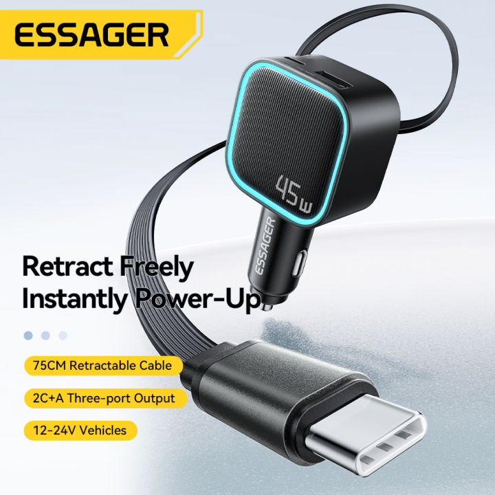 מטען לרכב ESSAGER 45W עם כבל Type-C נשלף 75 ס"מ ו-3 יציאות טעינה