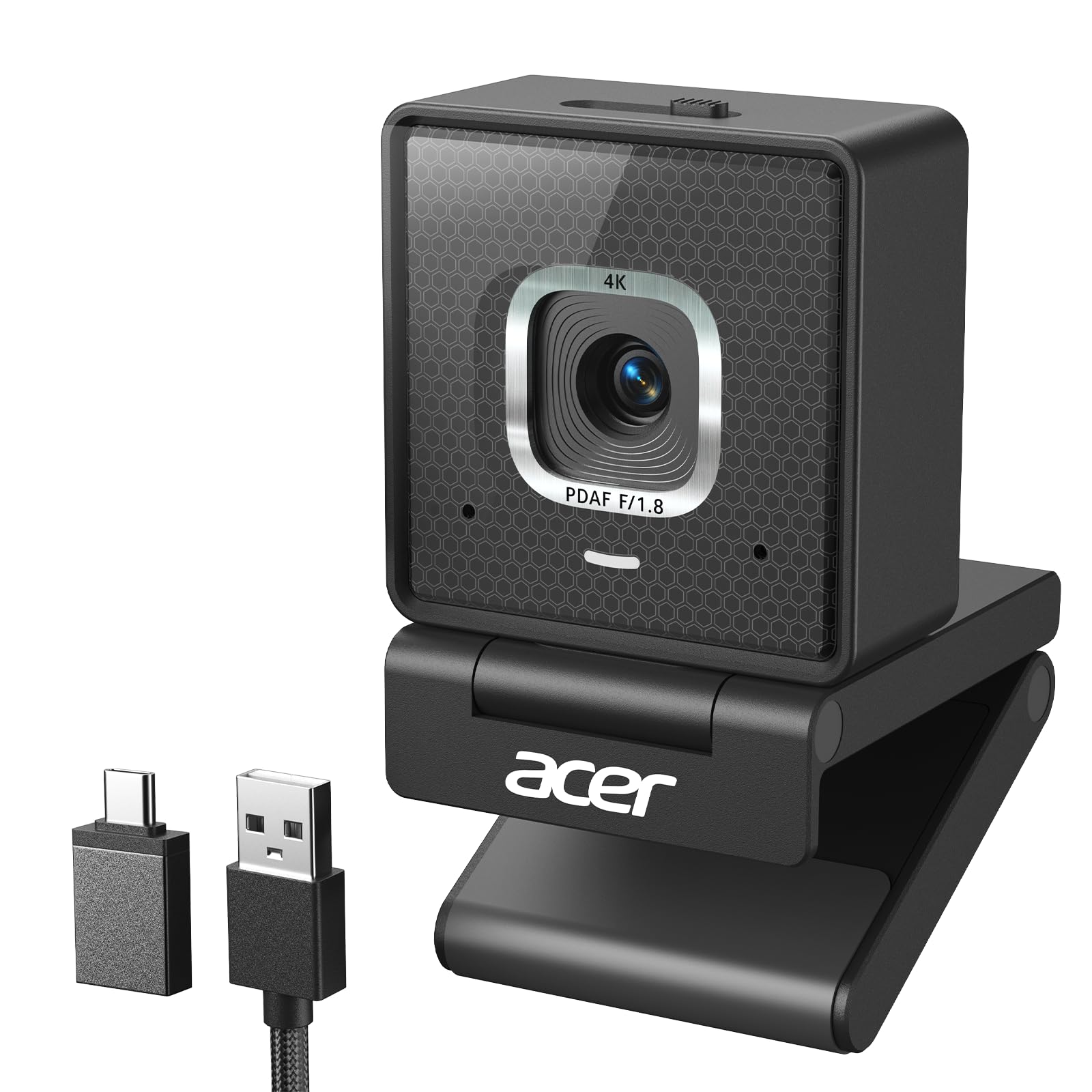 מצלמת רשת 4K של Acer בצבע שחור עם כבל USB ומתאם ל-USB-C