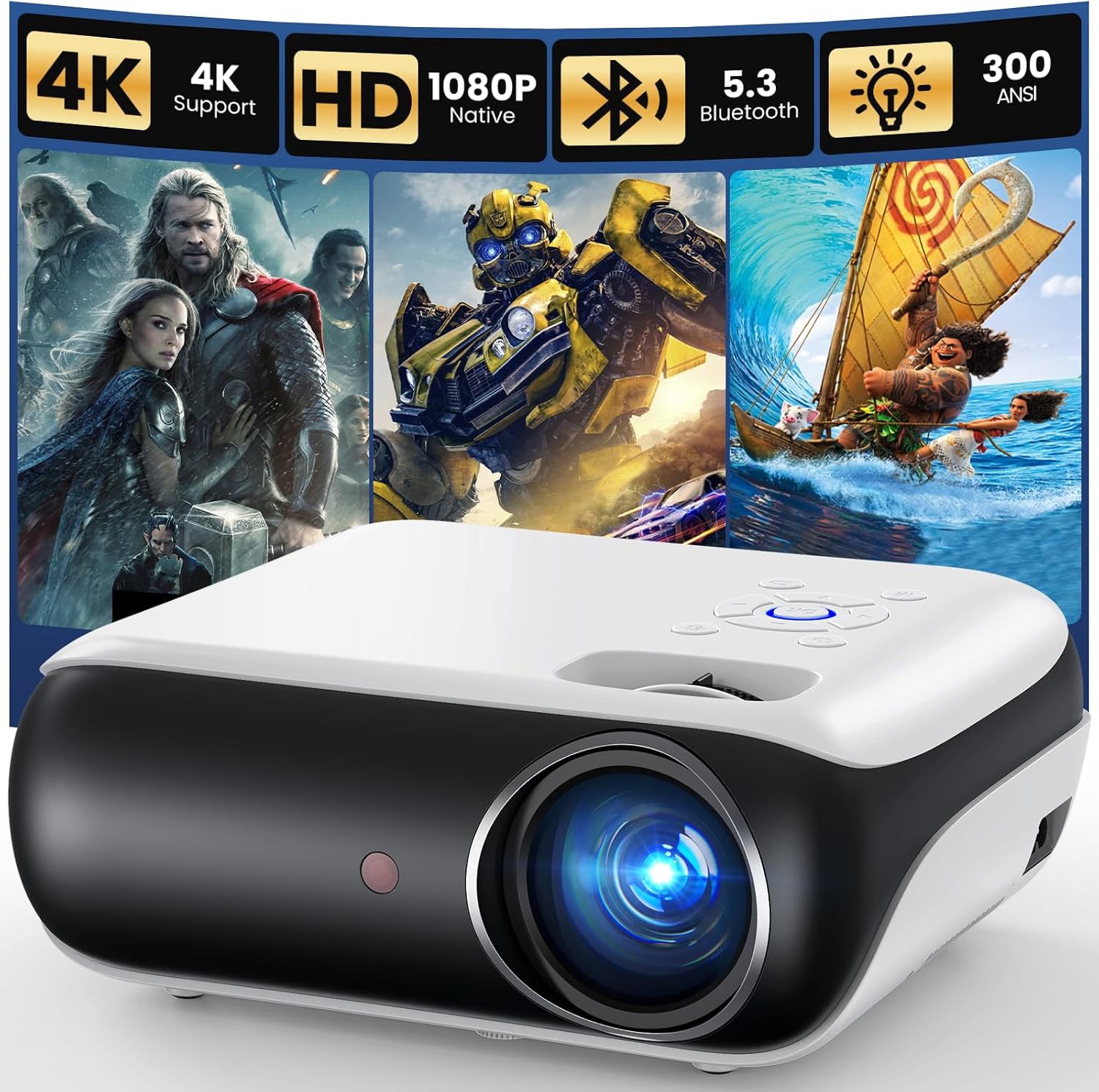 מקרן HAPPRUN H1 בצבע לבן ושחור ברזולוציית 1080P עם Bluetooth 5.3
