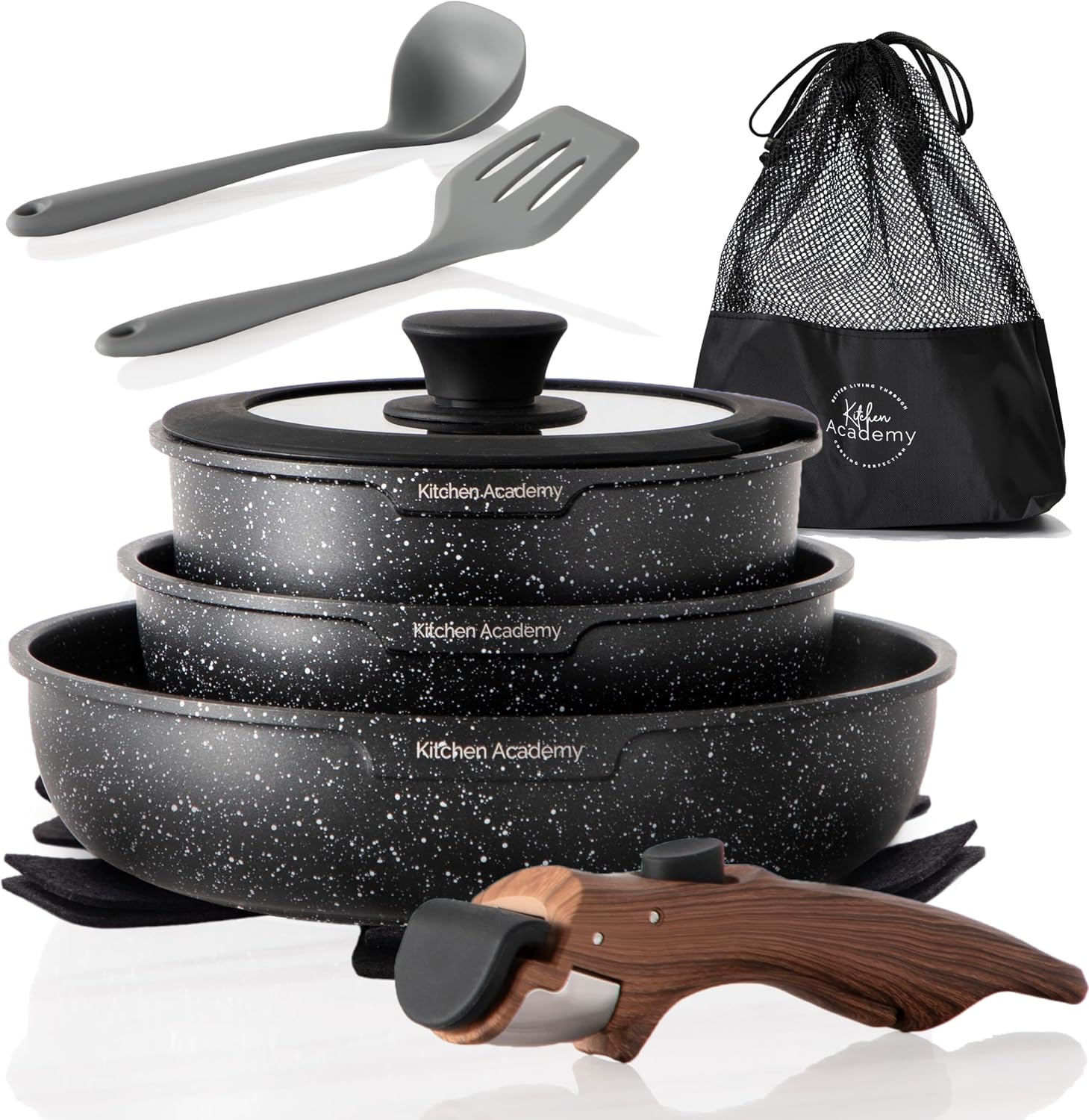 סט סירים ומחבתות Kitchen Academy בצבע שחור עם ידית נשלפת, כלי סיליקון ותיק אחסון
