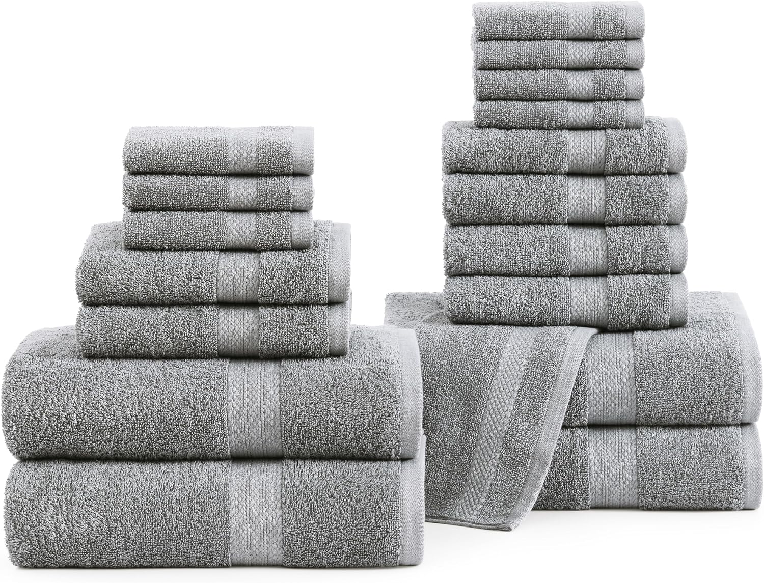 סט 18 מגבות LANE LINEN בצבע Space Grey: מגבות גוף, מגבות ידיים ומגבות פנים מקופלות בערימות