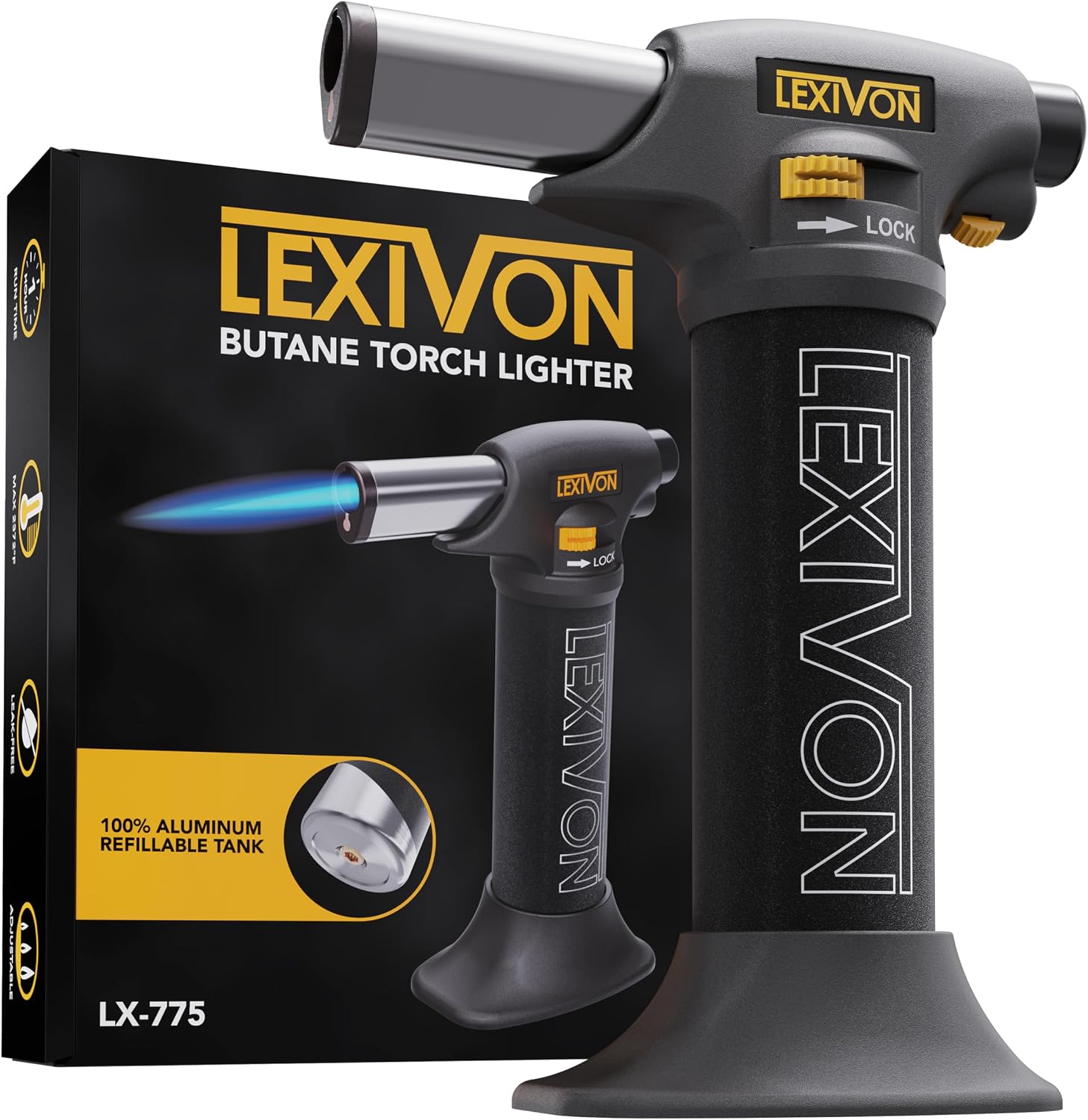 מבער בוטאן LEXIVON שחור עם בסיס עמידה, ליד האריזה שלו