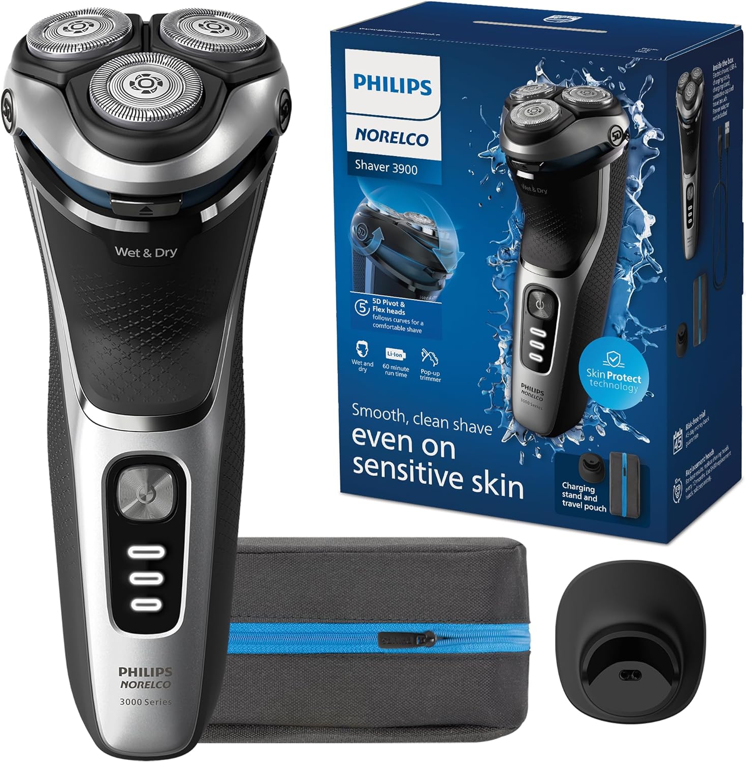 מכונת גילוח Philips Norelco 3900 עם שלושה ראשים, מעמד טעינה, נרתיק נסיעות ואריזת המוצר