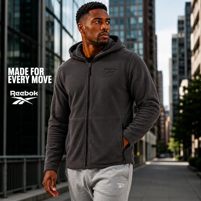 ג'קט פליז Reebok לגברים עם קפוצ'ון ורוכסן, בצבע אפור פחם