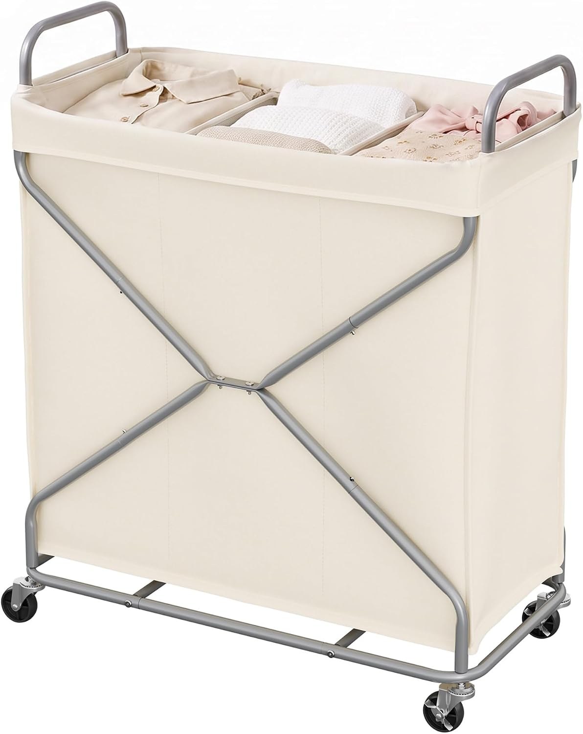 סל מיון כביסה StorageWorks בנפח 190 ליטר בצבע בז׳ עם 3 תאים, מסגרת מתכת וגלגלים