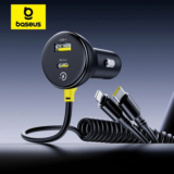 מטען לרכב מהיר Baseus עד 60W עם כבל קפיצי מובנה שני חיבורים – גם טייפ סי וגם לייטינינג לאייפון!