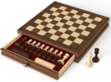 ערכת שחמט ודמקה מגנטית מעץ אגוז מלא (33×33 ס"מ) עם מגירת אחסון מובנית