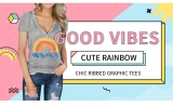 חולצת טי עם צווארון וי והדפס Good Vibes לנשים