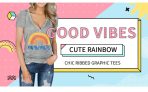 חולצת טי עם צווארון וי והדפס Good Vibes לנשים